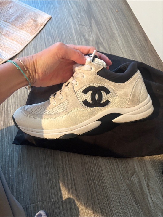 CHANEL Shoes - CHANEL Cream and Black CC Logo Low-Top Sneakers